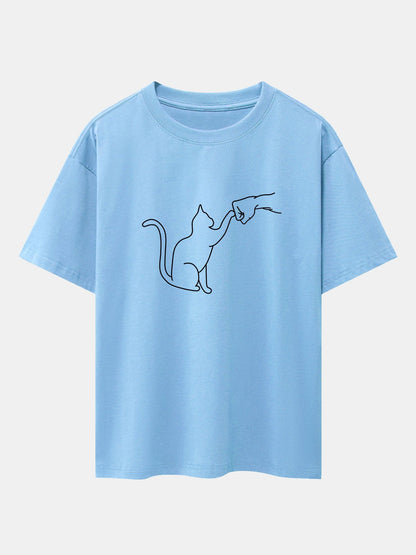 Fist Bump Cat Print Drop Shoulder Oversize T-Shirt - Naturzy