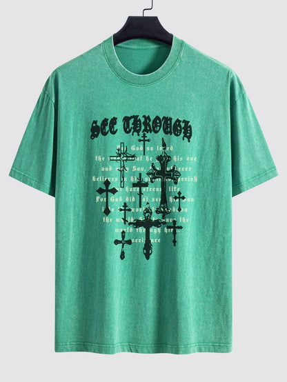 Cross Slogan Print Washed Distressed Drop Shoulder T-Shirt - Naturzy