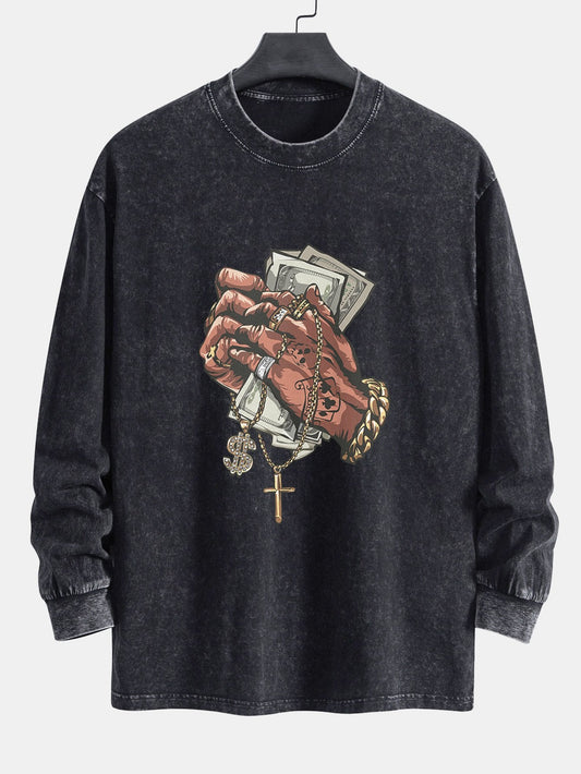 Hand Holding Cash Print Relax Fit Long Sleeve Washed Distressed T-Shirt - Naturzy