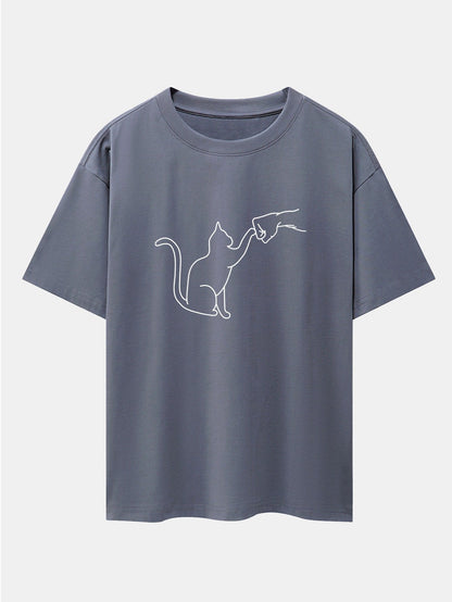 Fist Bump Cat Print Drop Shoulder Oversize T-Shirt - Naturzy