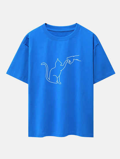 Fist Bump Cat Print Drop Shoulder Oversize T-Shirt - Naturzy