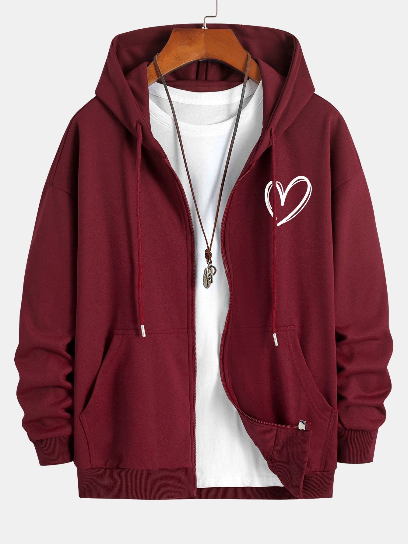 Heart Print Relax Fit Zip Hoodie - Naturzy