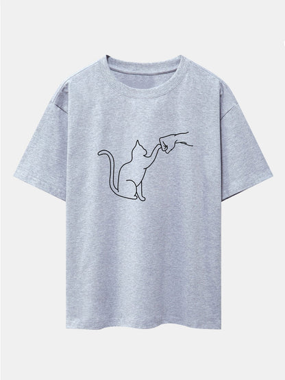 Fist Bump Cat Print Drop Shoulder Oversize T-Shirt - Naturzy