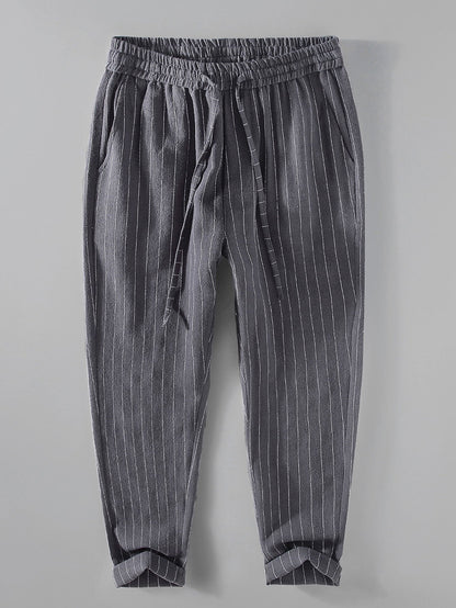 Striped Linen Cotton Blend Cropped Pants - Naturzy