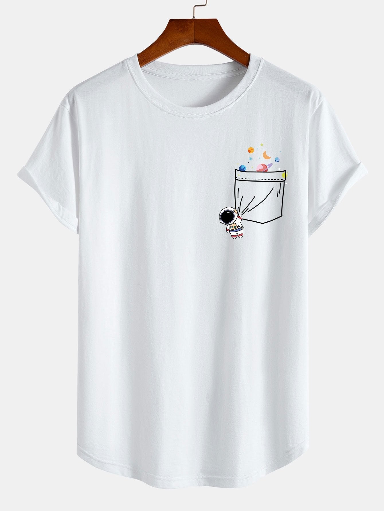 Astronaut Space Pocket Print Cotton Arc Hem T-Shirt - Naturzy