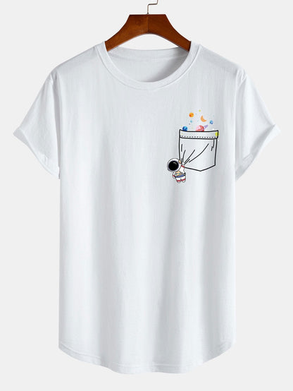 Astronaut Space Pocket Print Cotton Arc Hem T-Shirt - Naturzy