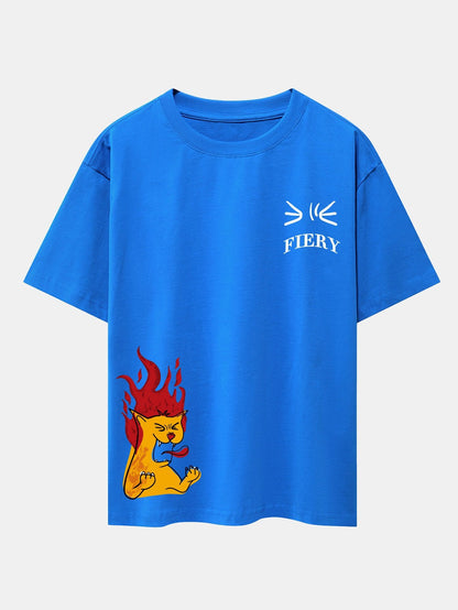 Fiery Cat Print Drop Shoulder Oversize T-Shirt