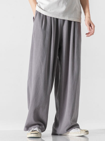 Linen And Cotton Blend Relax Fit Wide Leg Pants - Naturzy