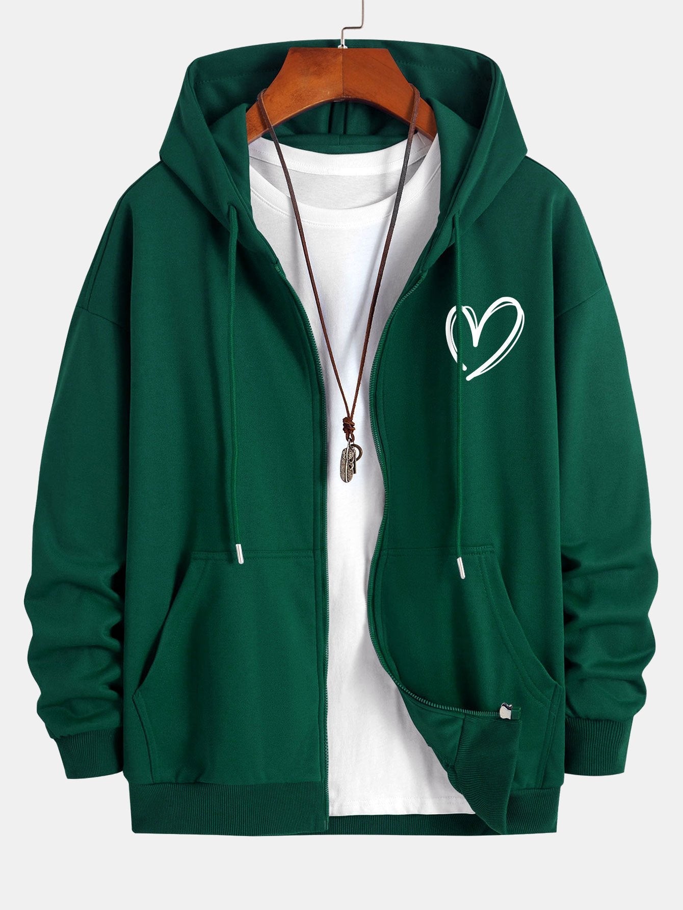 Heart Print Relax Fit Zip Hoodie - Naturzy