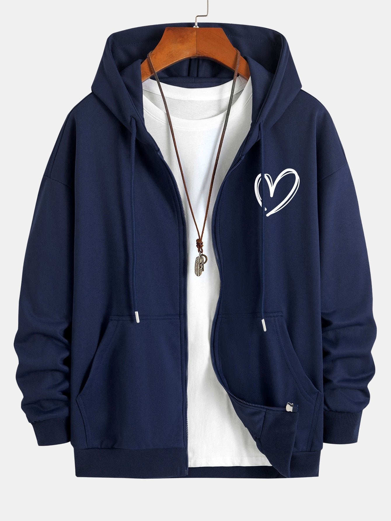 Heart Print Relax Fit Zip Hoodie - Naturzy