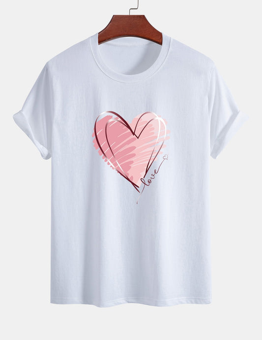 Regular Fit Doodle Heart Print Cotton T-Shirt - Naturzy