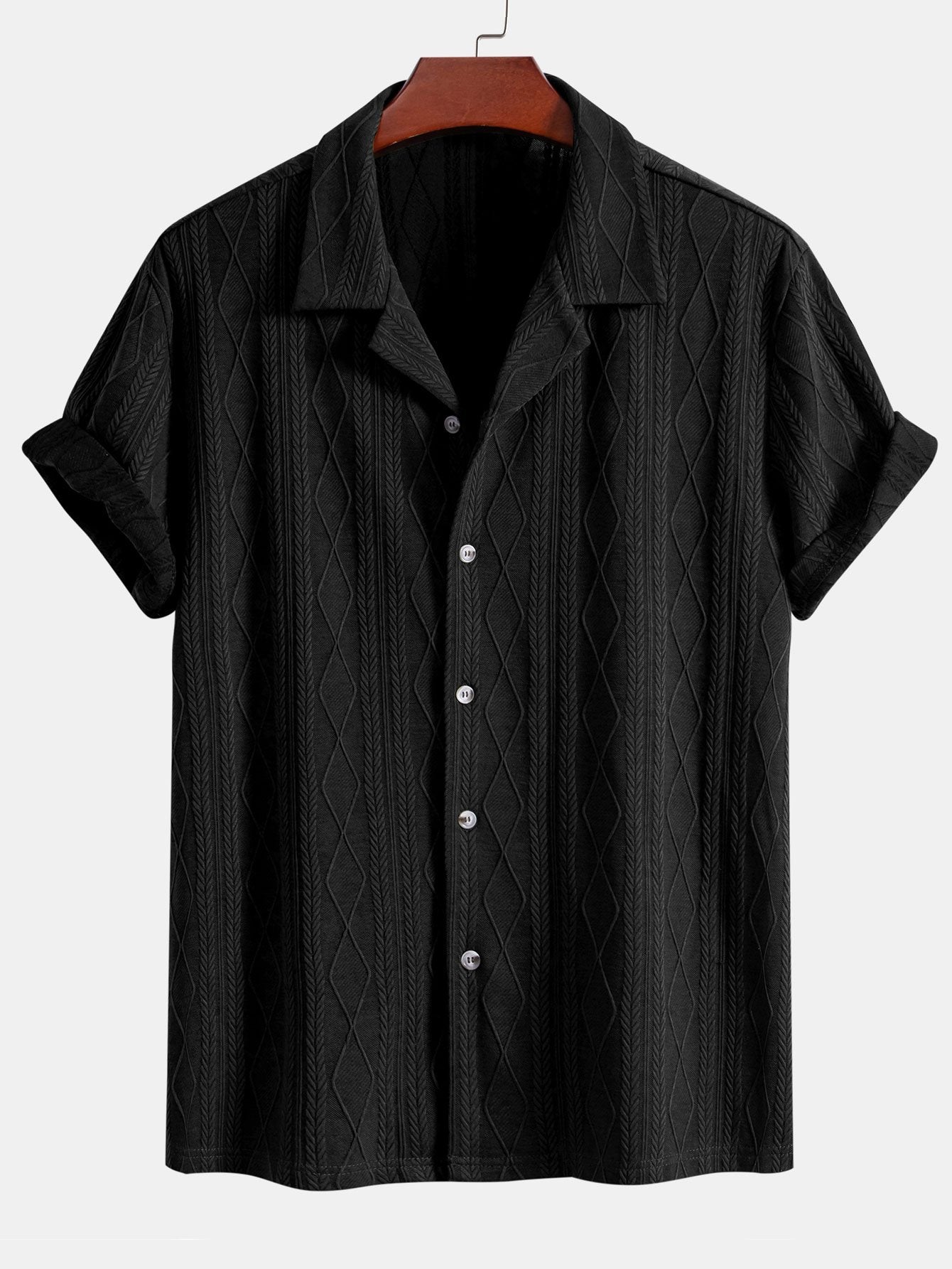 Knitted Geometric Rhombus Jacquard Cuban Shirt - Naturzy