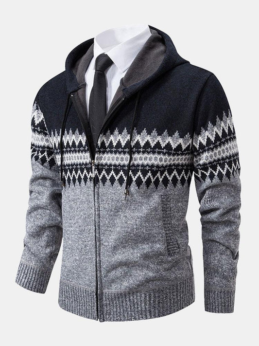 Geometric Pattern Zip Hooded Sweater - Naturzy