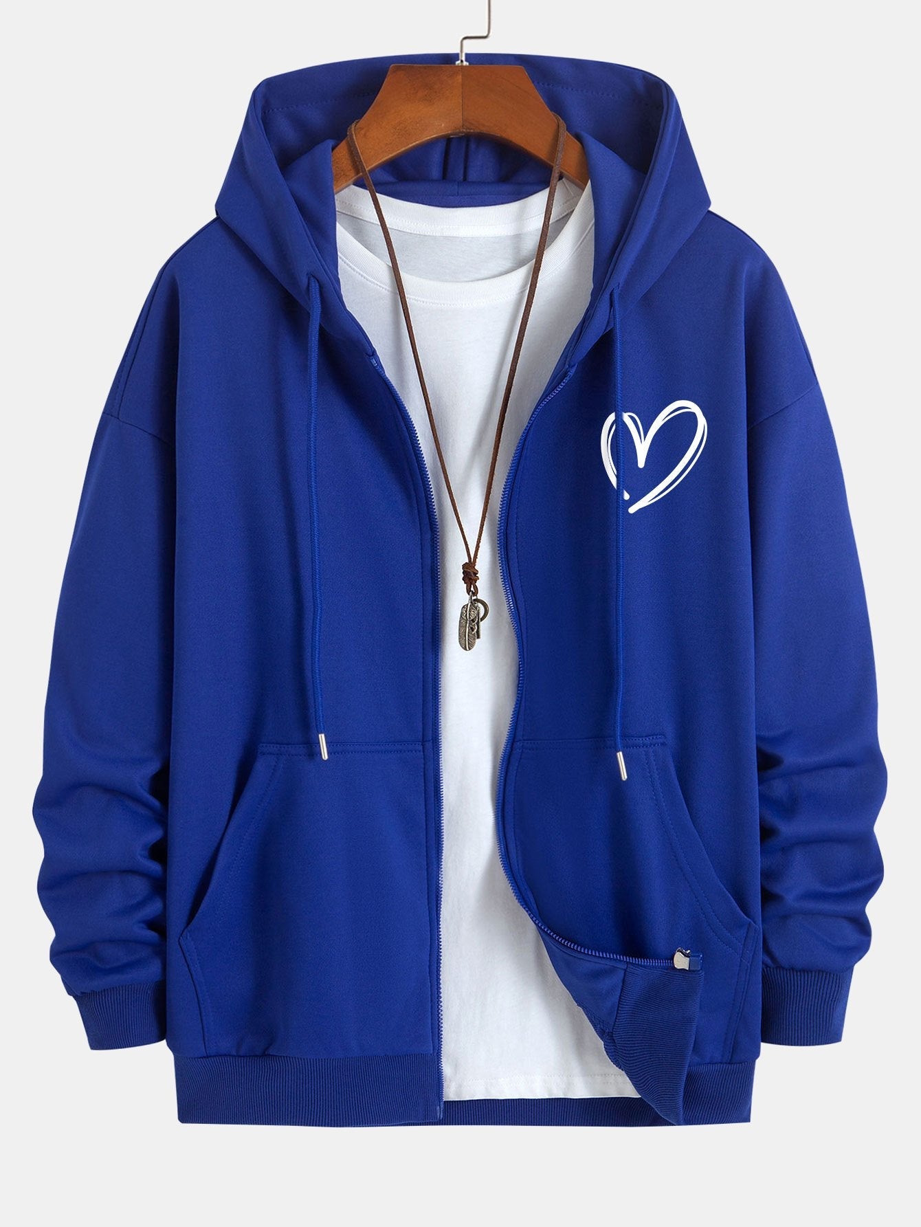 Heart Print Relax Fit Zip Hoodie - Naturzy