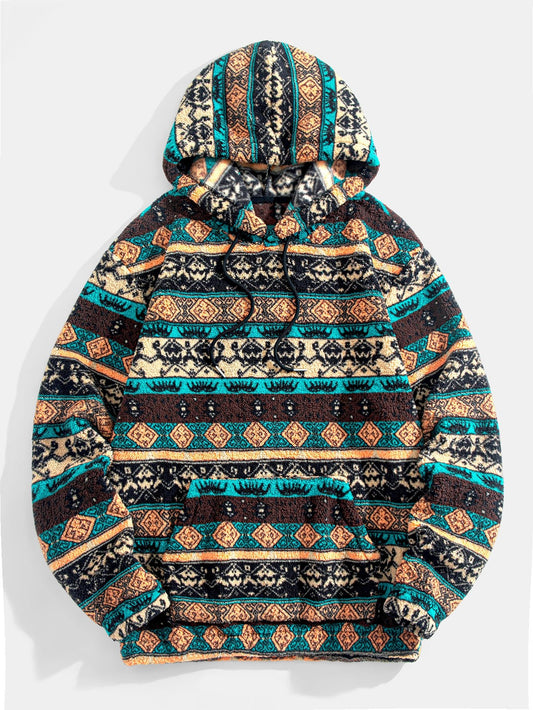 Ethnic Geometric Teddy Fleece Hoodie - Naturzy