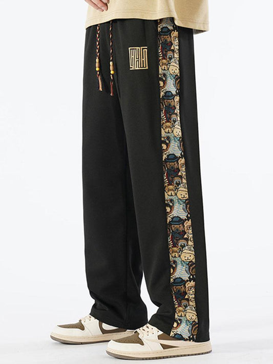 Bear Print Patchwork Straight Leg Pants - Naturzy