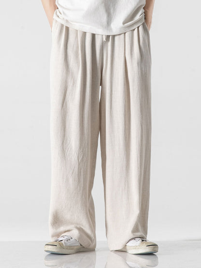 Linen And Cotton Blend Relax Fit Wide Leg Pants - Naturzy