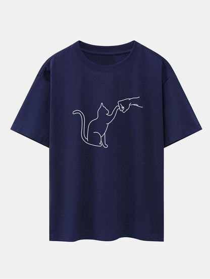 Fist Bump Cat Print Drop Shoulder Oversize T-Shirt - Naturzy