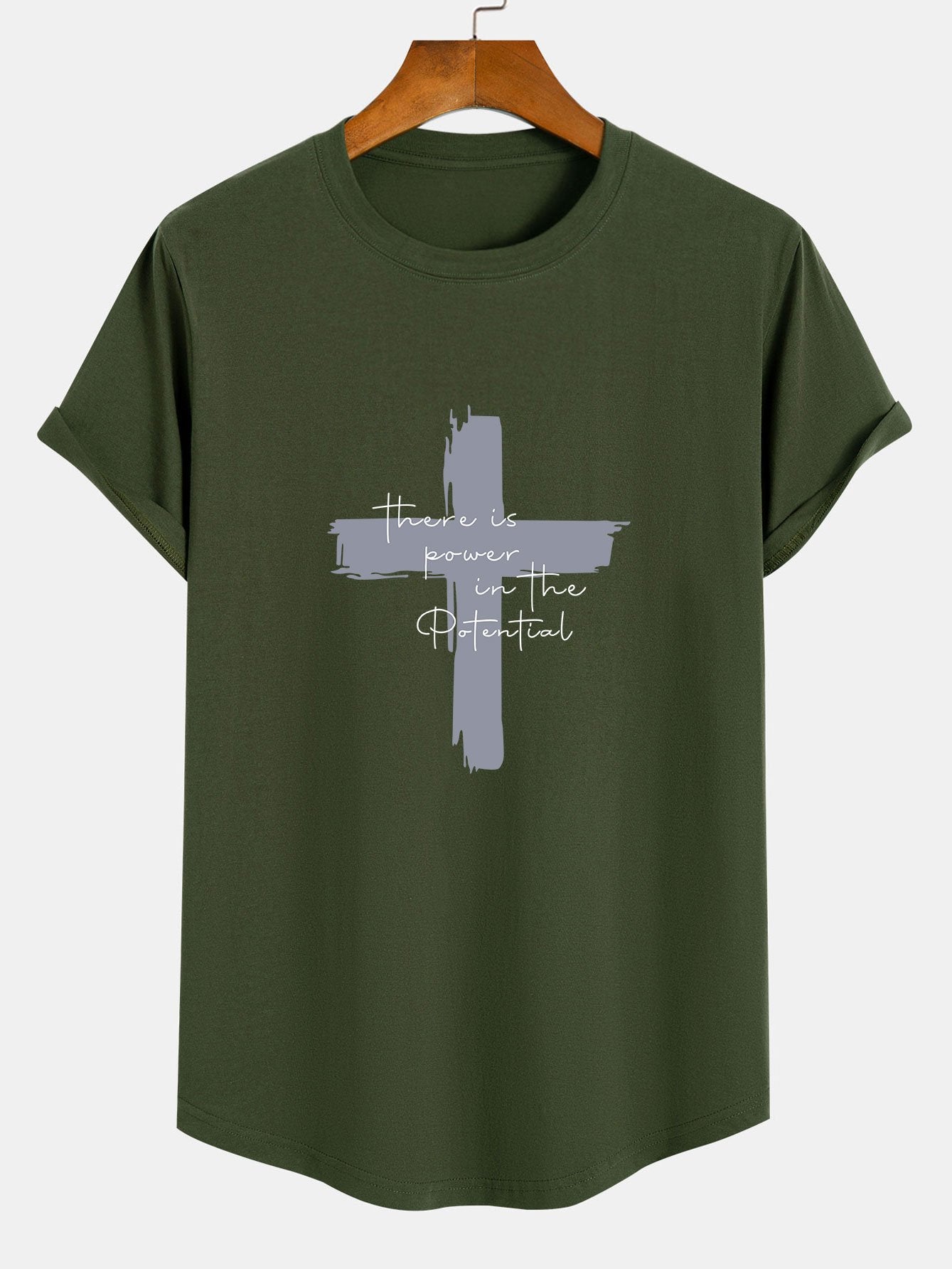 Cross Slogan Print Cotton Arc Hem T-Shirt - Naturzy