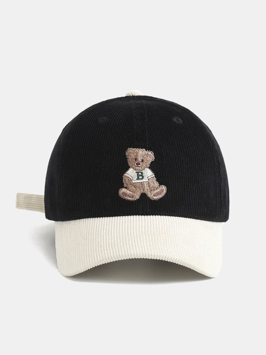 Bear Embroidery Print Corduroy Baseball Cap - Naturzy