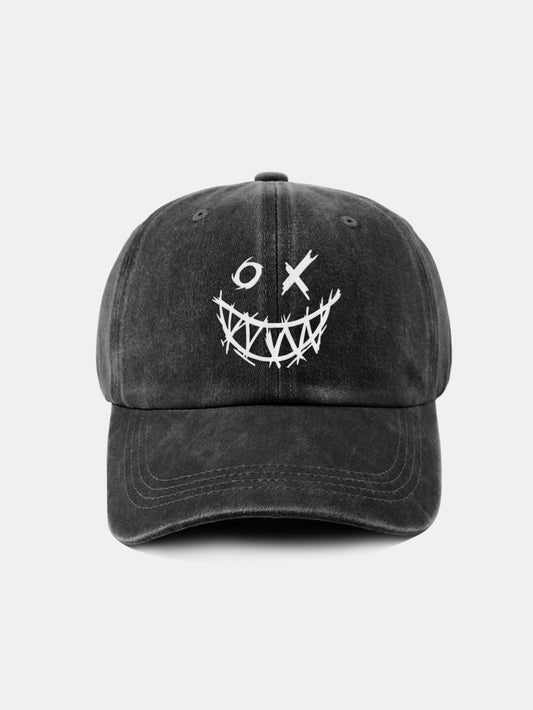 Evil Smiley Face Pattern Classic Retro Washed Distressed Cotton Baseball Cap - Naturzy