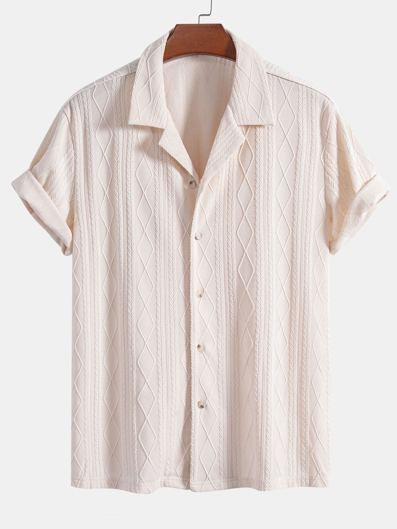Knitted Geometric Rhombus Jacquard Cuban Shirt - Naturzy