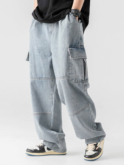 Elastic Waist Relax Fit Straight Leg Cargo Jeans - Naturzy