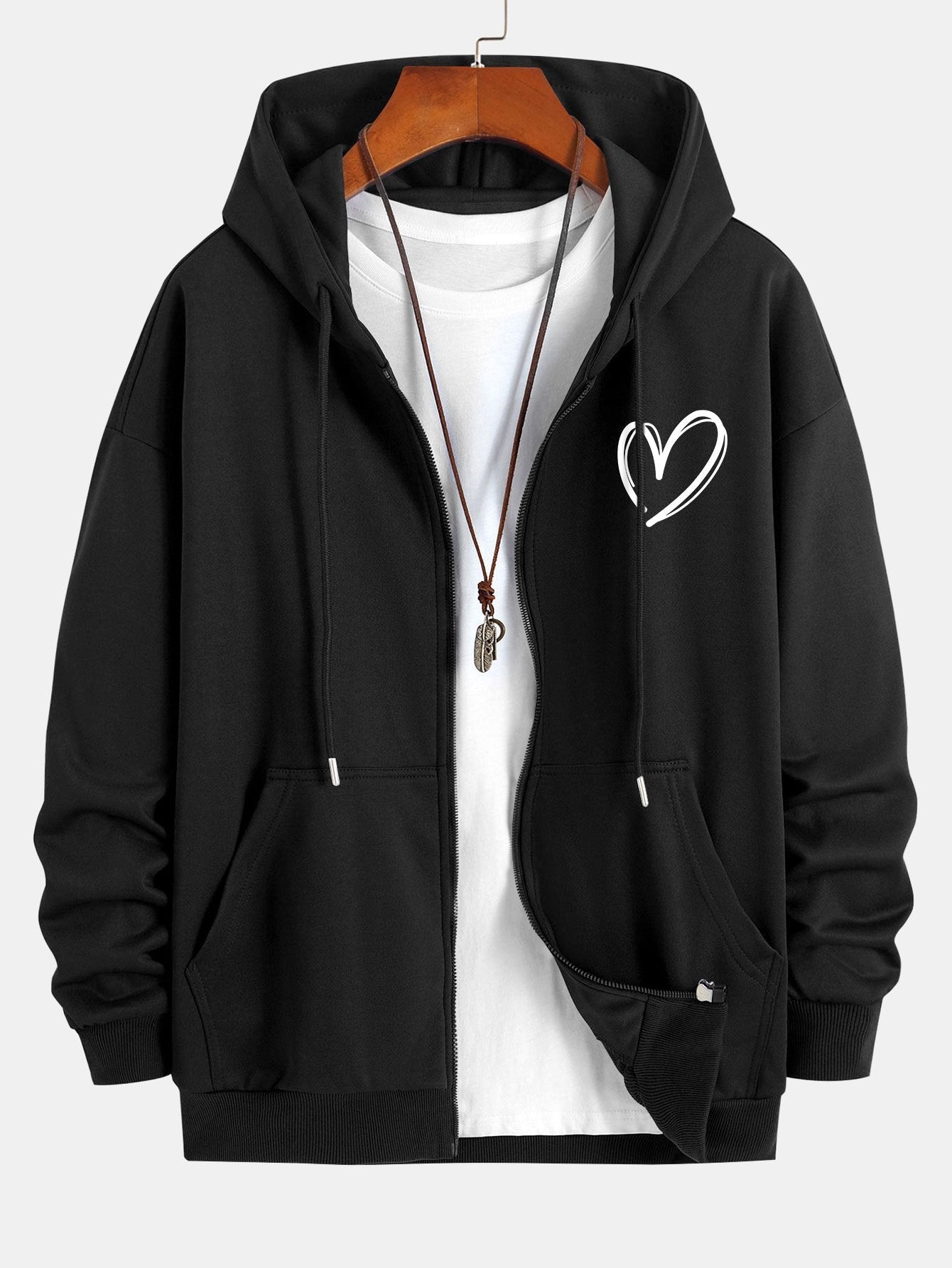 Heart Print Relax Fit Zip Hoodie - Naturzy