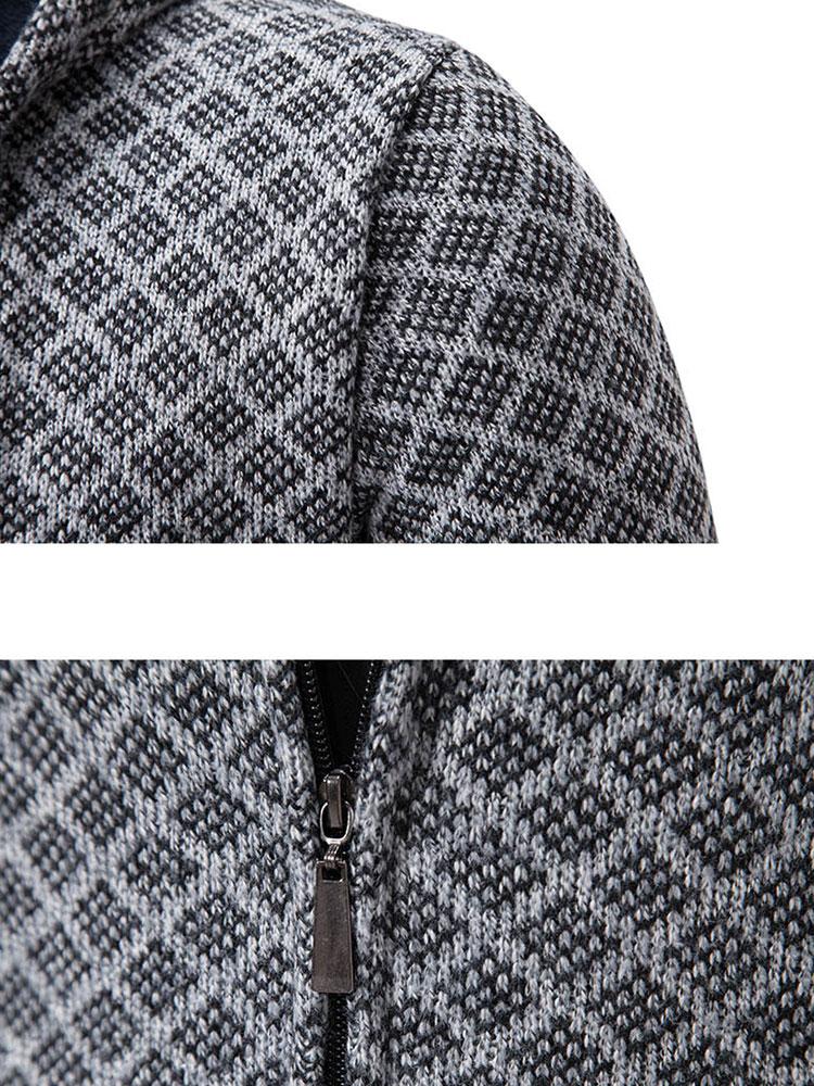 Diamond Pattern Zip Hooded Sweater - Naturzy