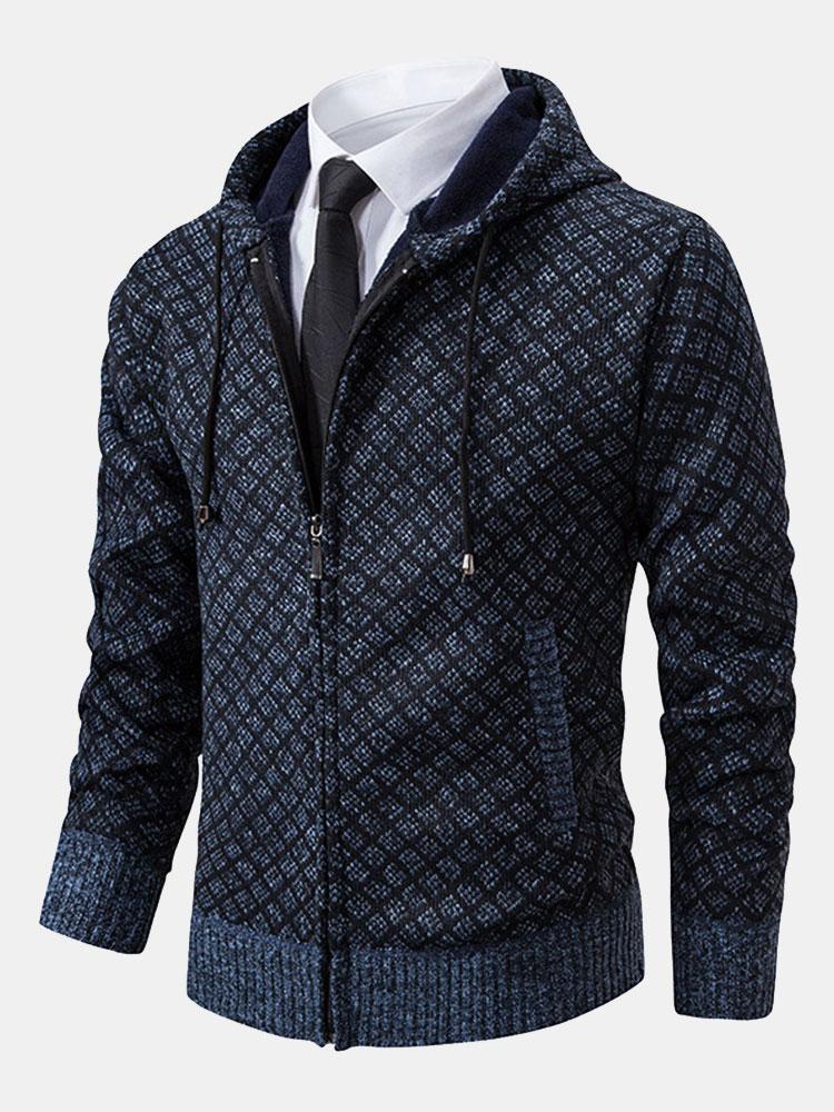 Diamond Pattern Zip Hooded Sweater - Naturzy