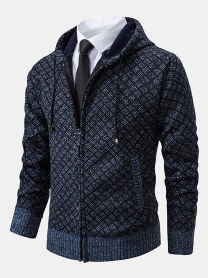 Diamond Pattern Zip Hooded Sweater - Naturzy