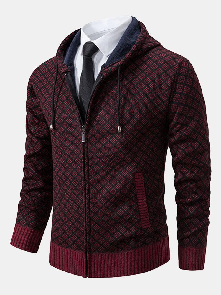 Diamond Pattern Zip Hooded Sweater - Naturzy