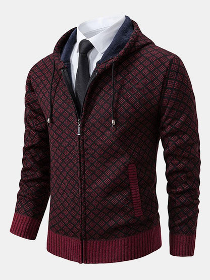 Diamond Pattern Zip Hooded Sweater - Naturzy