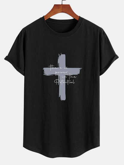 Cross Slogan Print Cotton Arc Hem T-Shirt - Naturzy