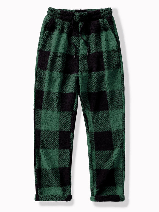 Straight Leg Plaid Pattern Teddy Pants - Naturzy
