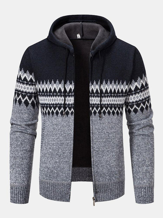 Geometric Pattern Zip Hooded Sweater - Naturzy