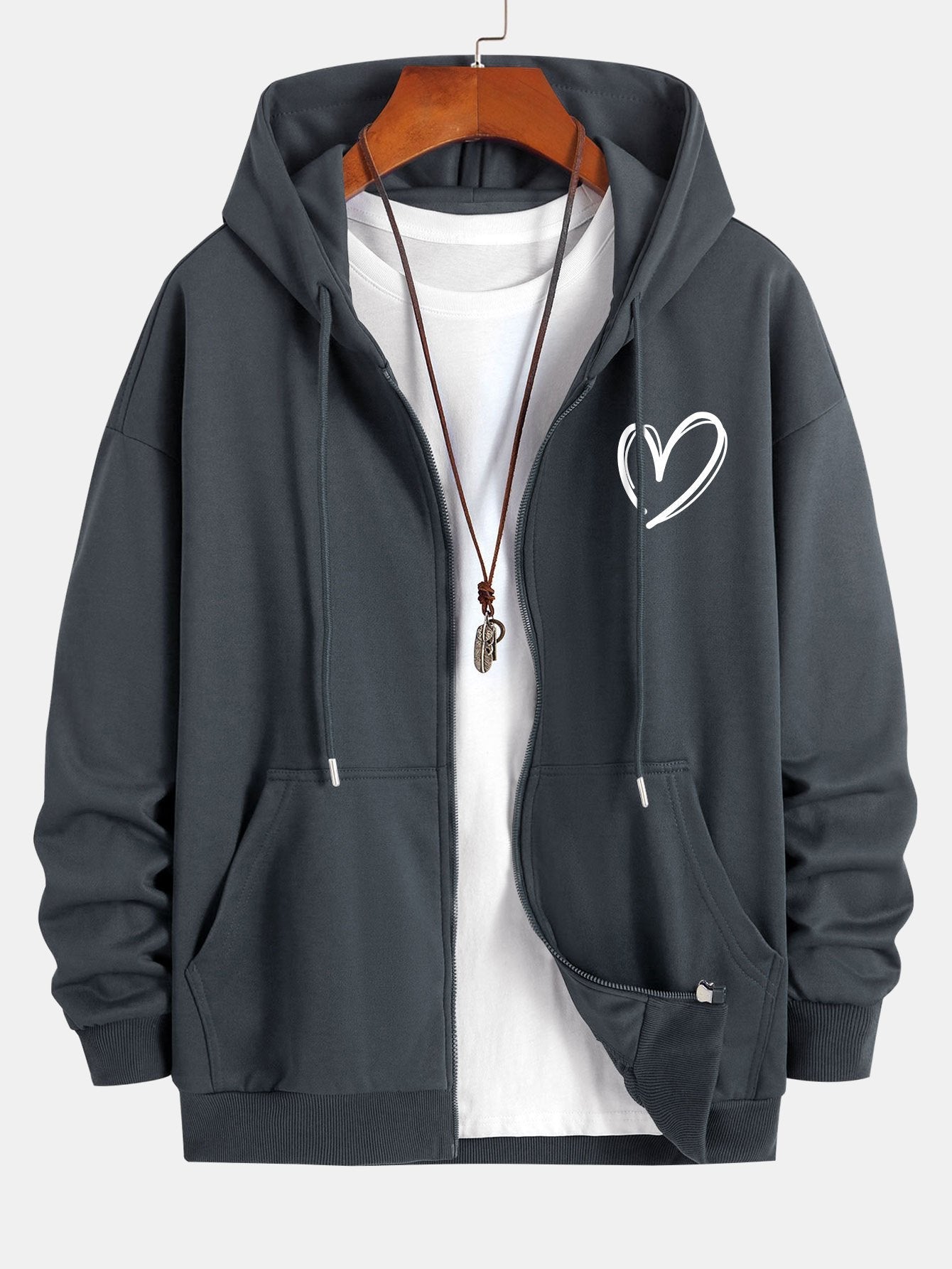 Heart Print Relax Fit Zip Hoodie - Naturzy
