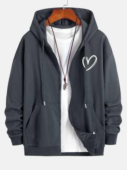 Heart Print Relax Fit Zip Hoodie - Naturzy