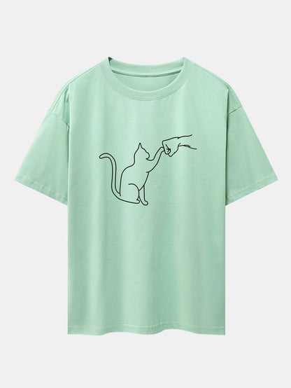 Fist Bump Cat Print Drop Shoulder Oversize T-Shirt - Naturzy