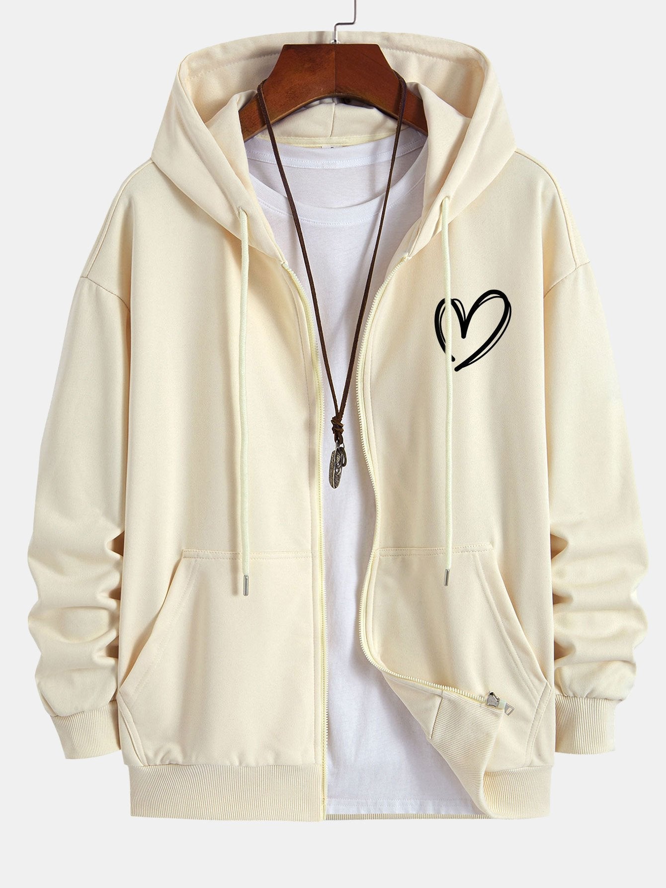 Heart Print Relax Fit Zip Hoodie - Naturzy
