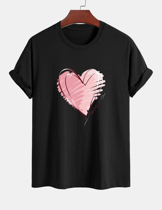 Regular Fit Doodle Heart Print Cotton T-Shirt - Naturzy