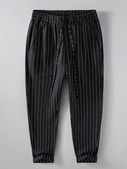 Striped Linen Cotton Blend Cropped Pants - Naturzy