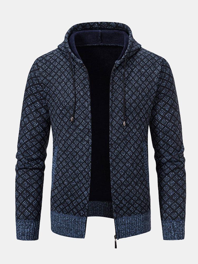 Diamond Pattern Zip Hooded Sweater - Naturzy