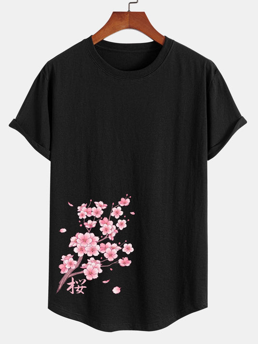 Cherry Blossoms Sakura Print Cotton Arc Hem T-Shirt - Naturzy