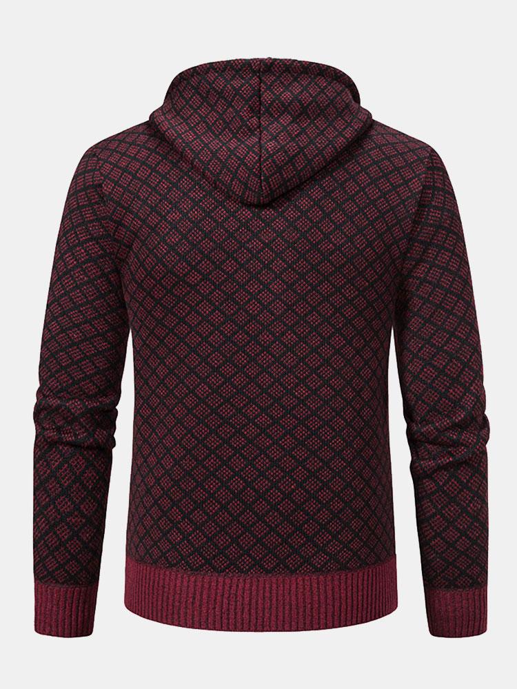 Diamond Pattern Zip Hooded Sweater - Naturzy
