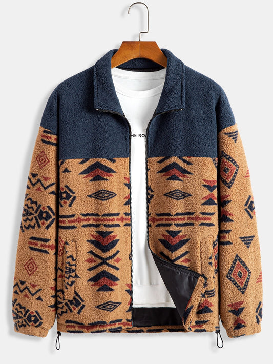 Aztec Print Patchwork Teddy Fleece Coat - Naturzy