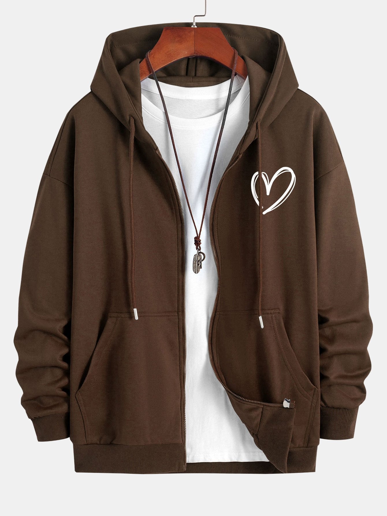 Heart Print Relax Fit Zip Hoodie - Naturzy