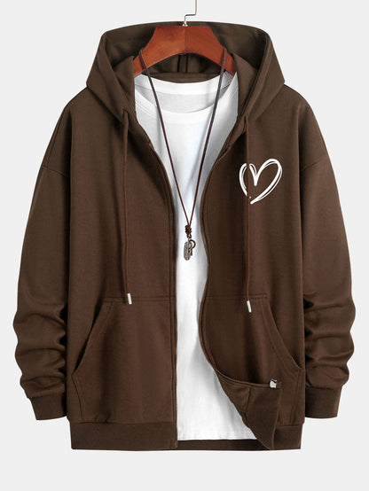 Heart Print Relax Fit Zip Hoodie - Naturzy