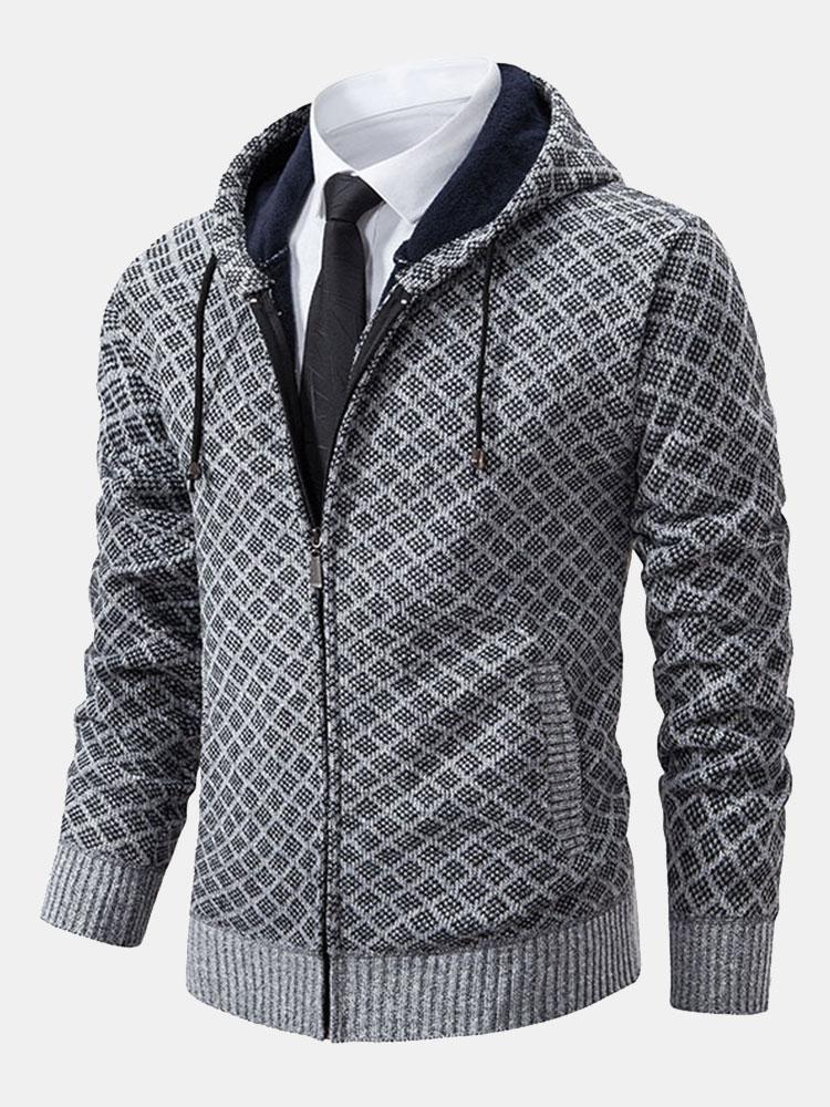 Diamond Pattern Zip Hooded Sweater - Naturzy