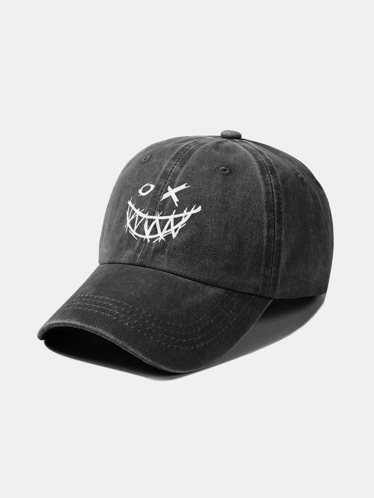 Evil Smiley Face Pattern Classic Retro Washed Distressed Cotton Baseball Cap - Naturzy